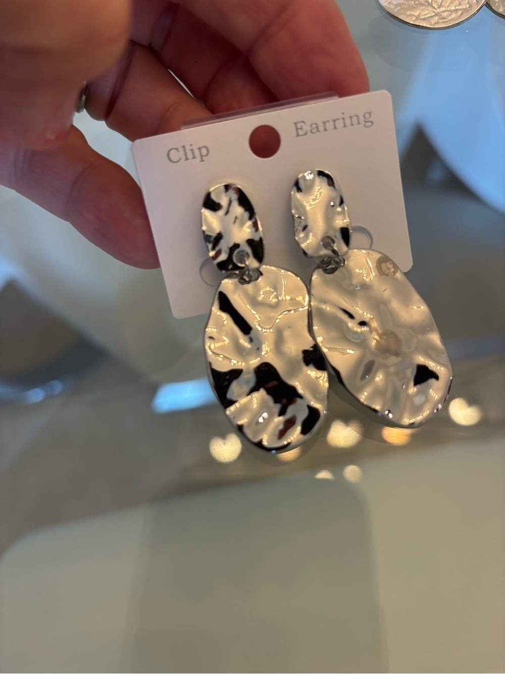 Textured Silver Double-Drop Clip-On Earrings